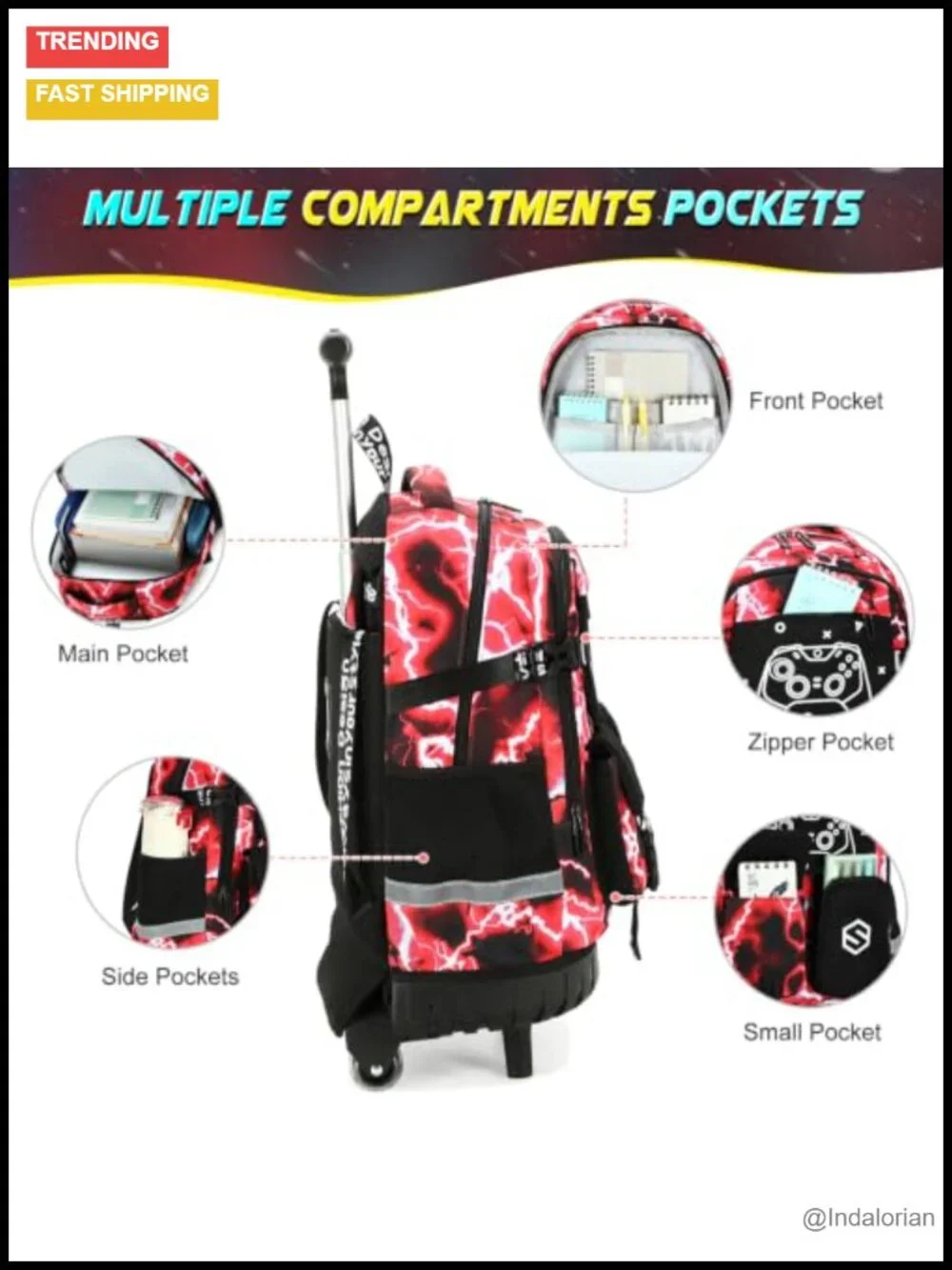 Rolling Backpack for Boys with Lunch Bag & Pencil Pouch, Luminous Gamer Design,